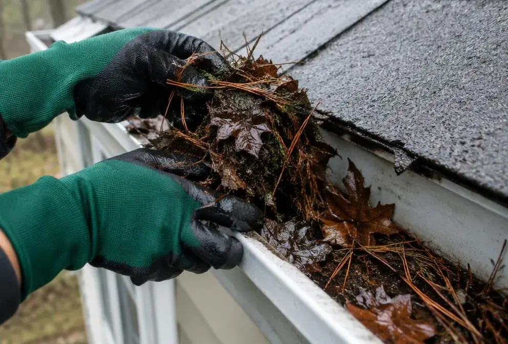 Gloved hands removing wet leaves and pine needles from a gutter