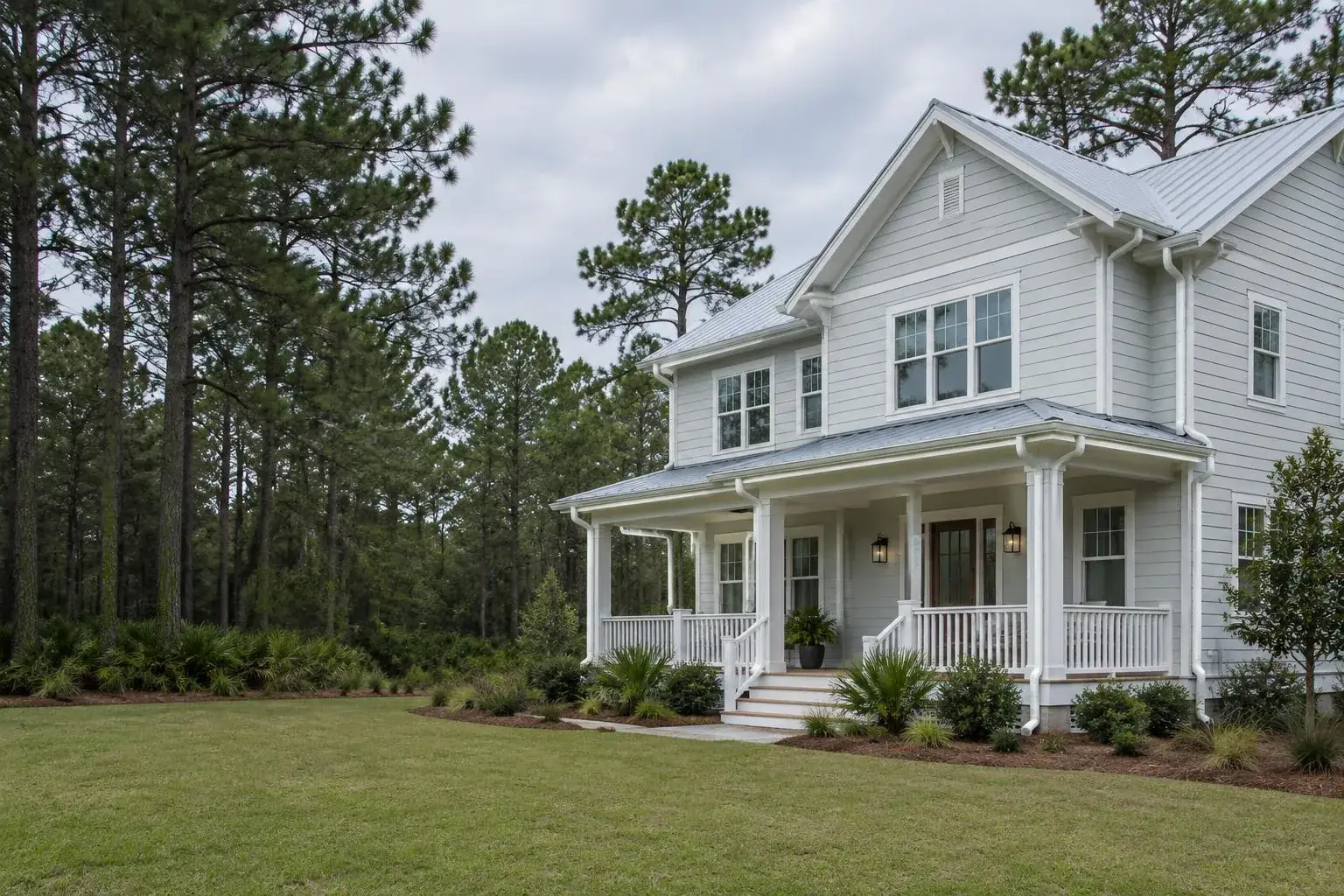 White seamless gutters and downspouts on a two-story home with pine trees behind it